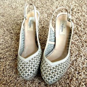 Authentic Valentino Cream Mesh Slingback Platform Pumps with Rhinestones